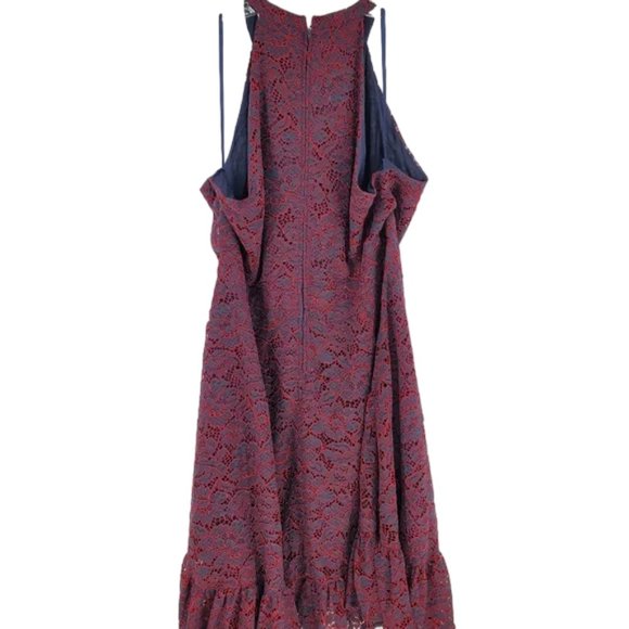 ModCloth A Night Like This Halter Dress Navy Red Lace Overlay Ruffle Hem 28 - Picture 6 of 16